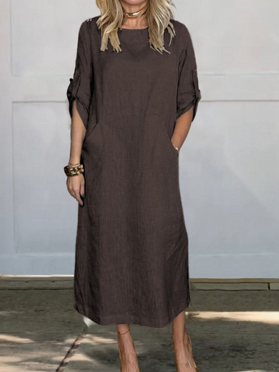 Mia™ - Comfortable Plain Linen Dress With Pockets