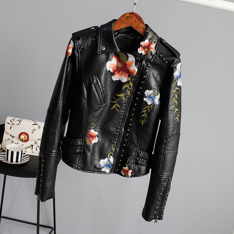 Zoe™ - Stylish Handmade Floral Embroidered Leather Jacket