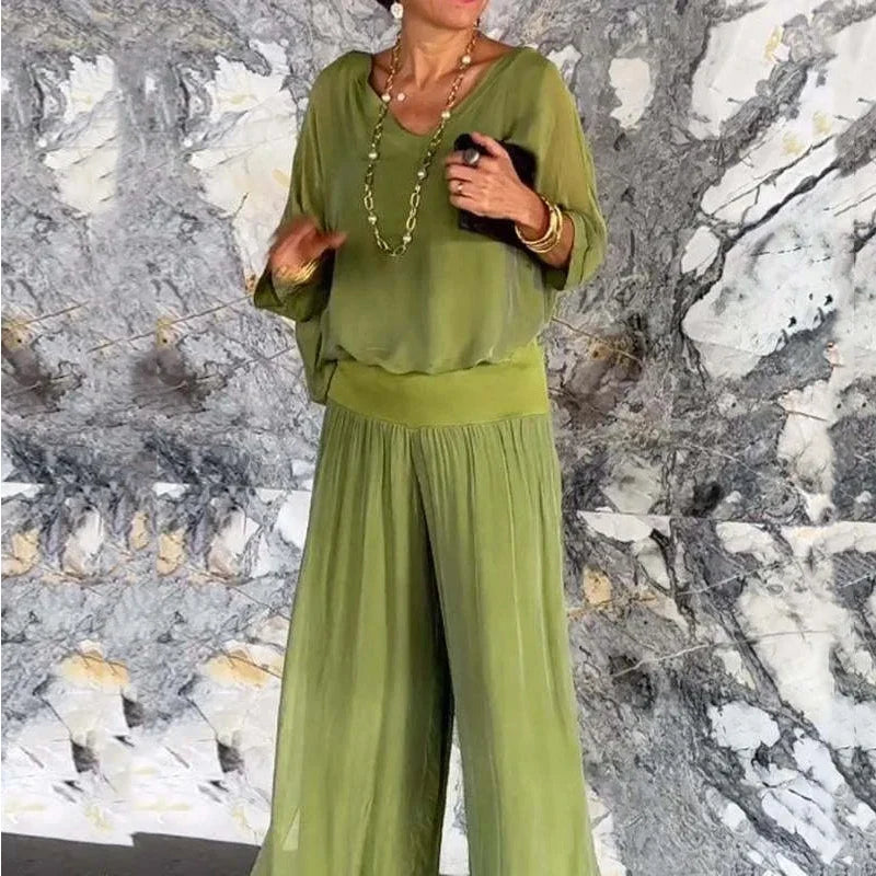 Ellie™ - Elegant Chiffon Top Wide-leg Pants Two-piece Set