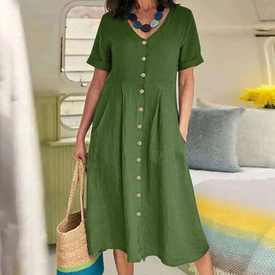 Charlotte™ - Simple Retro V-Neck Cotton Linen Short Sleeve Loose Summer Dress