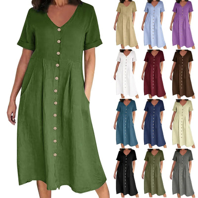 Charlotte™ - Simple Retro V-Neck Cotton Linen Short Sleeve Loose Summer Dress