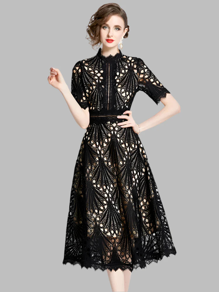 Olivia™ -  Elegant Floral Crochet Lace Midi Dress