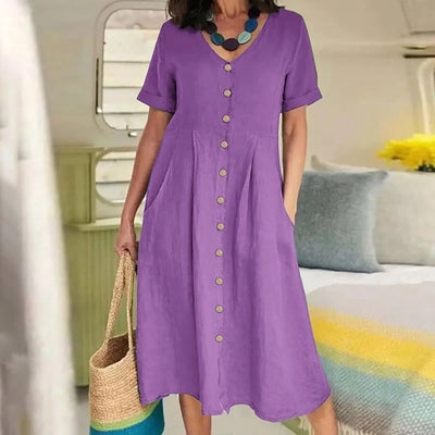 Charlotte™ - Simple Retro V-Neck Cotton Linen Short Sleeve Loose Summer Dress