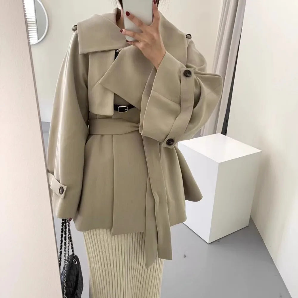 Sophia™ - Elegant Khaki Turn Down Trench Coat with Belt