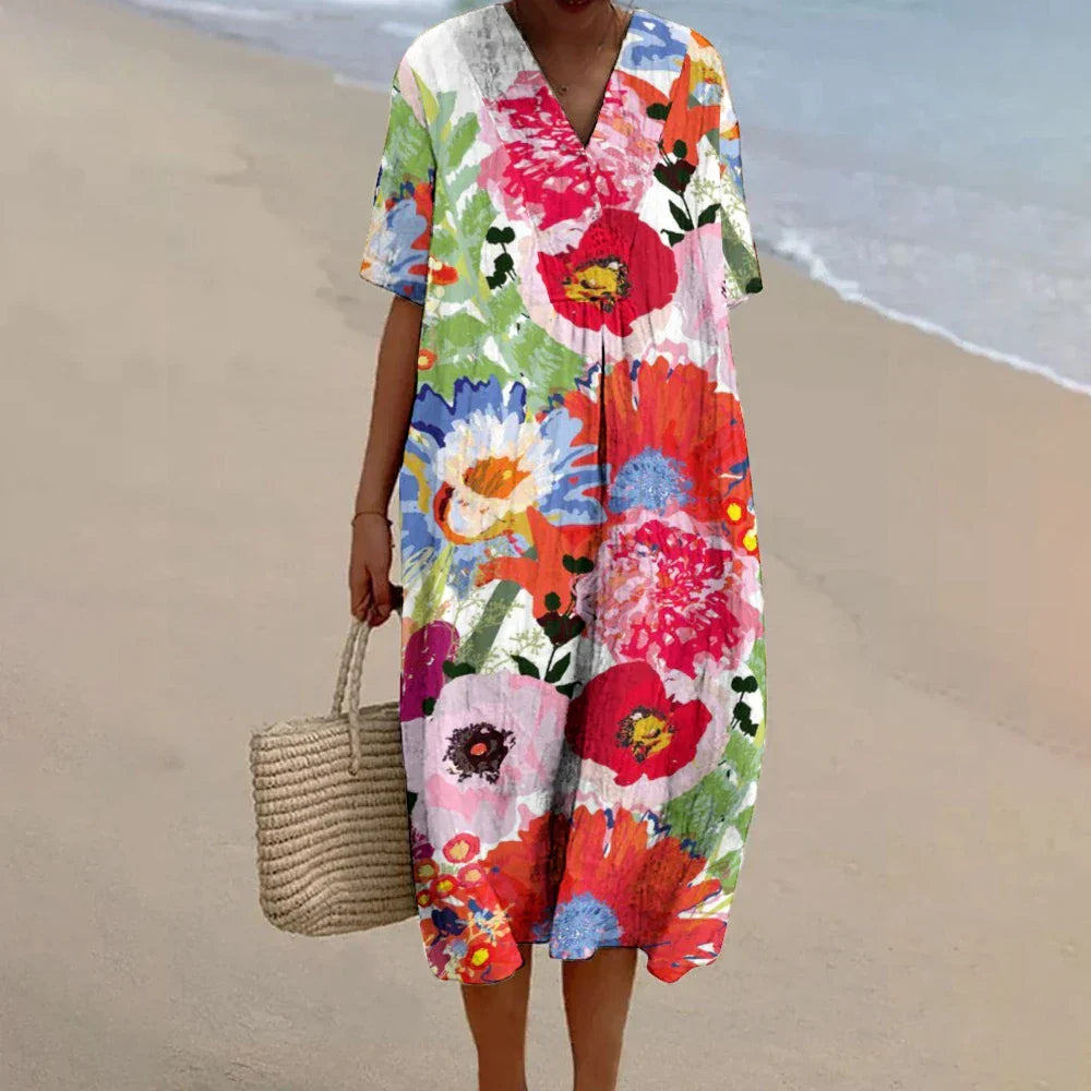 Amelia™ - Stylish Floral Print Hawaiian Loose Maxi Dress with V Neck