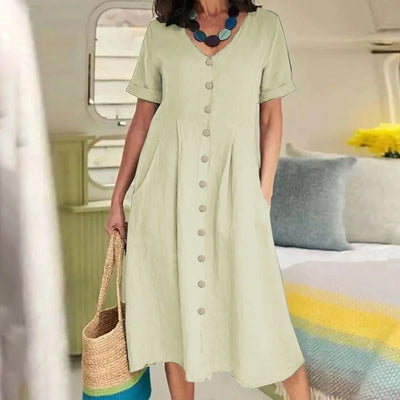 Charlotte™ - Simple Retro V-Neck Cotton Linen Short Sleeve Loose Summer Dress