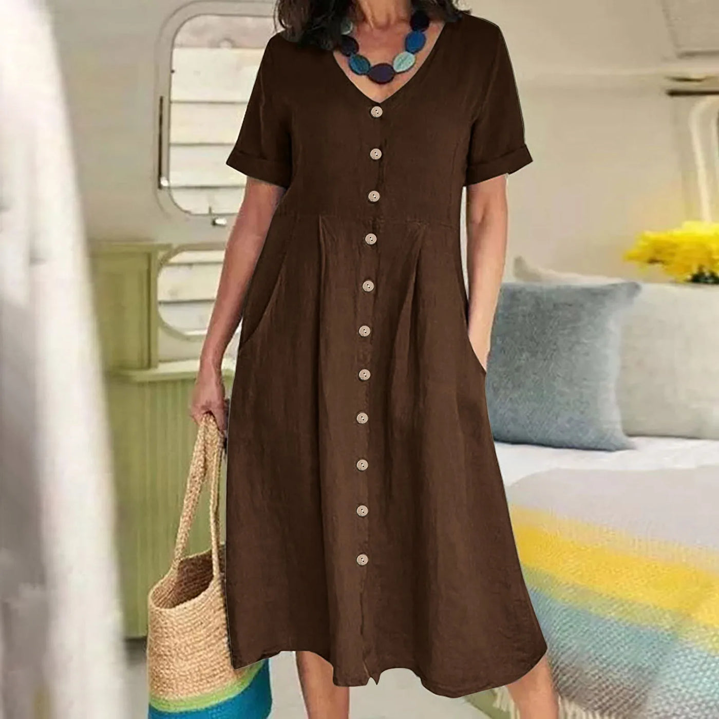 Charlotte™ - Simple Retro V-Neck Cotton Linen Short Sleeve Loose Summer Dress