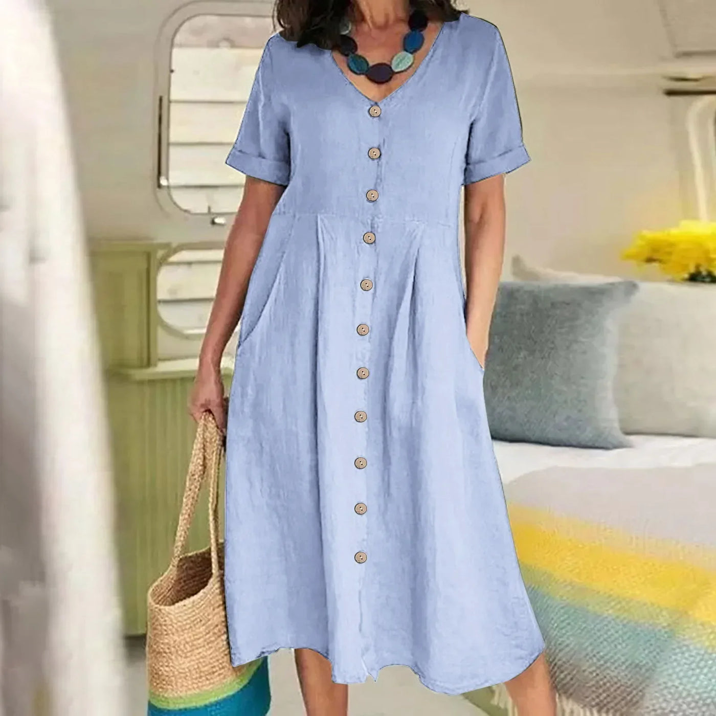 Charlotte™ - Simple Retro V-Neck Cotton Linen Short Sleeve Loose Summer Dress