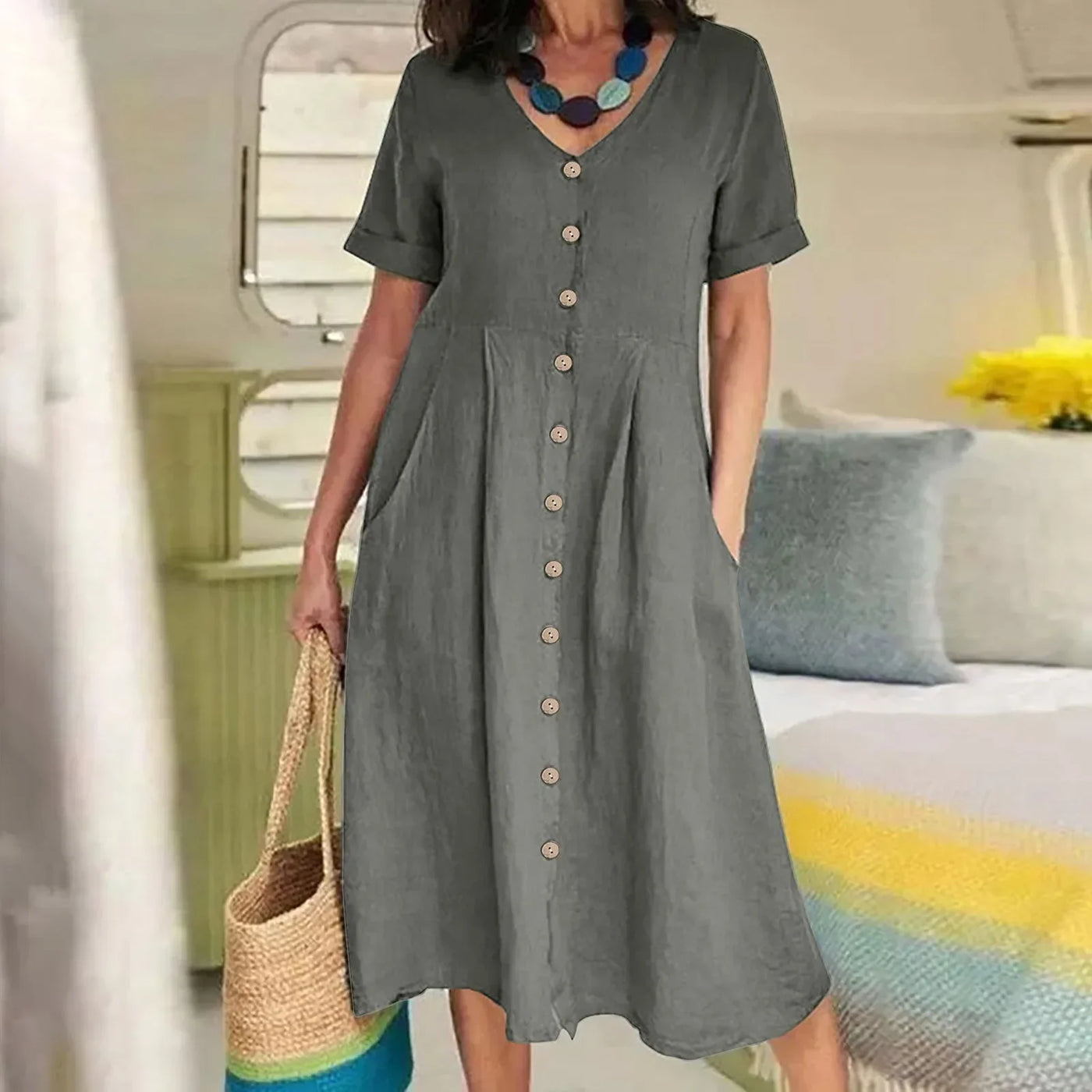 Charlotte™ - Simple Retro V-Neck Cotton Linen Short Sleeve Loose Summer Dress