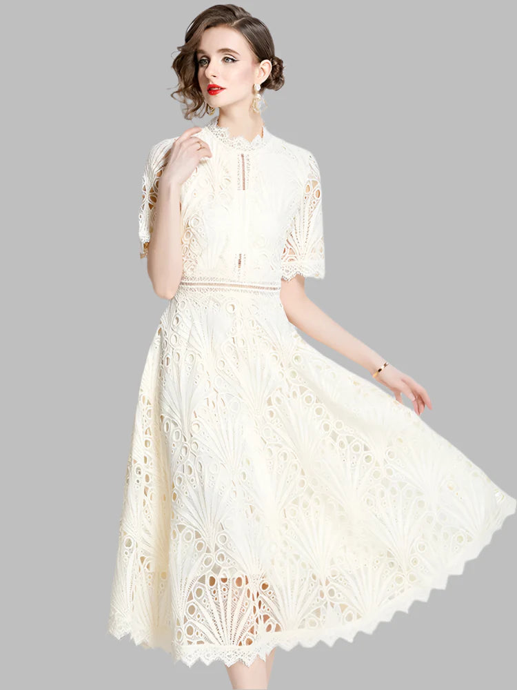 Olivia™ -  Elegant Floral Crochet Lace Midi Dress