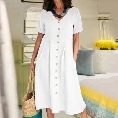 Charlotte™ - Simple Retro V-Neck Cotton Linen Short Sleeve Loose Summer Dress