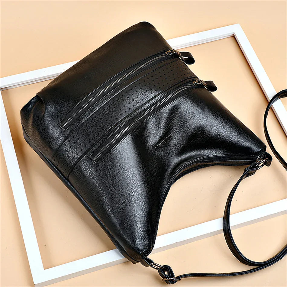 Ellie™ - Double Zipper Vegan Leather Shoulder Bag