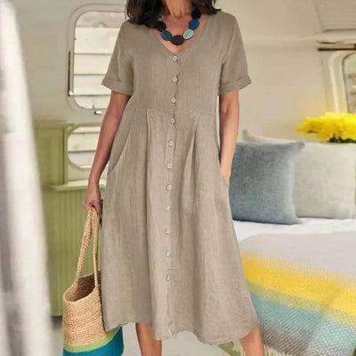 Charlotte™ - Simple Retro V-Neck Cotton Linen Short Sleeve Loose Summer Dress