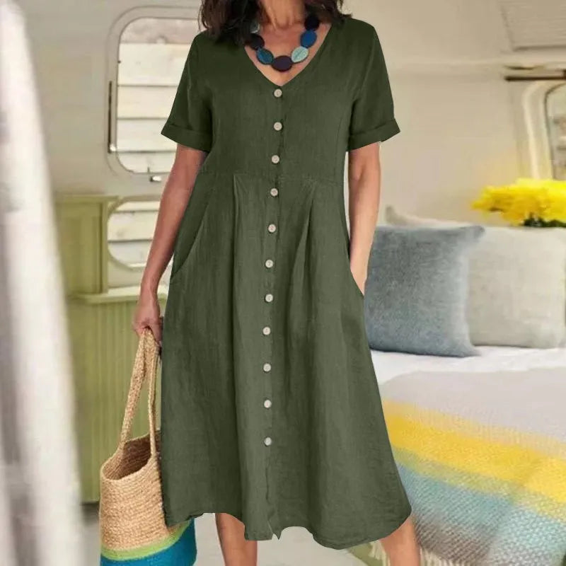 Charlotte™ - Simple Retro V-Neck Cotton Linen Short Sleeve Loose Summer Dress