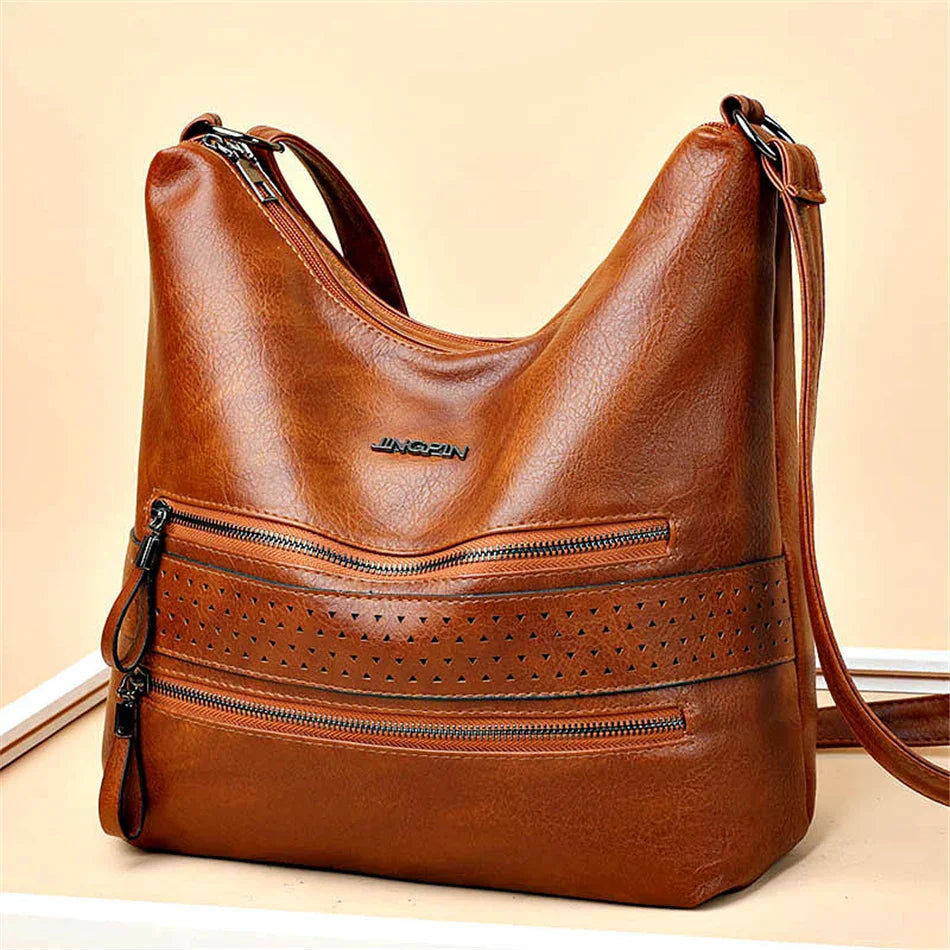 Ellie™ - Double Zipper Vegan Leather Shoulder Bag