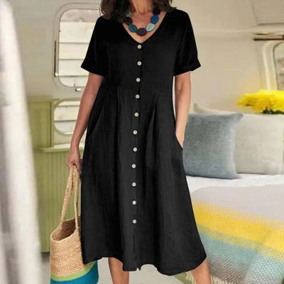 Charlotte™ - Simple Retro V-Neck Cotton Linen Short Sleeve Loose Summer Dress